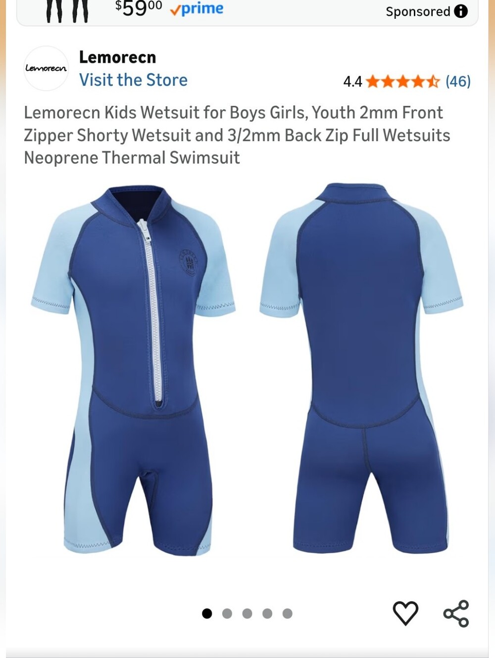 Children's Shorty Neoprene Wetsuit - Navy & Light Blue - Picture 2 of 7